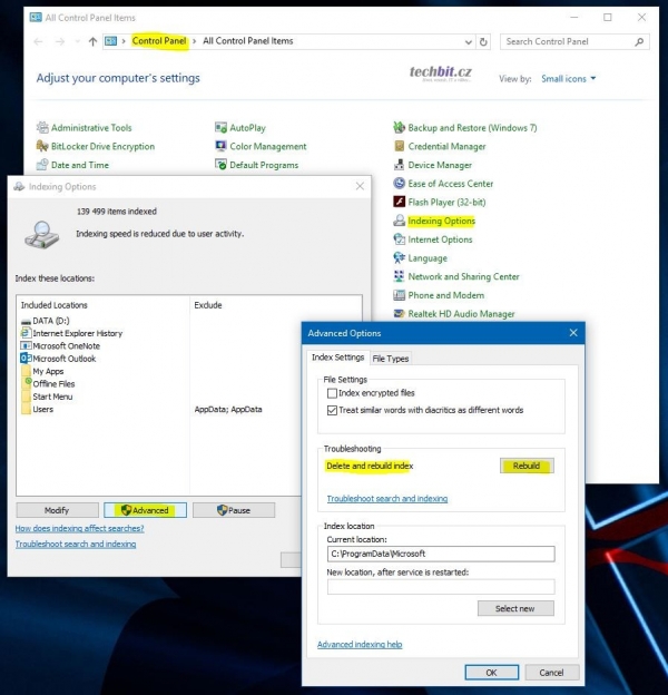 Windows indexace souborů